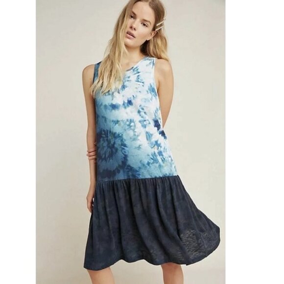 Anthropologie Saturday/Sunday Maisie Tie Dye Dress L NEW Blue White Boho Flowy - Picture 1 of 6